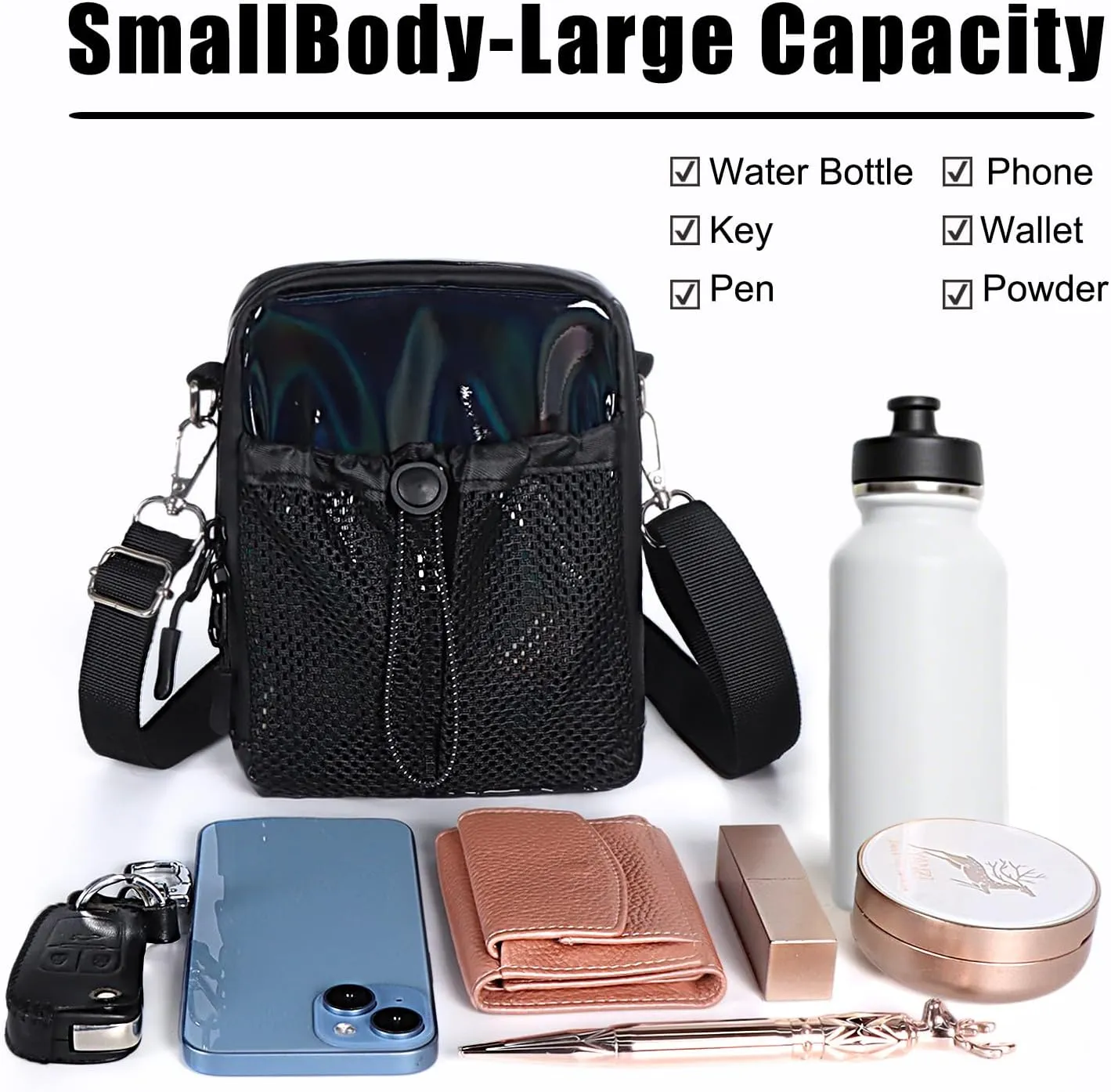 Geestock Small Crossbody Bag for Women Trendy, Holographic Mini Messenger Bag Shoulder Phone Purse with Water Bottle Pocket
