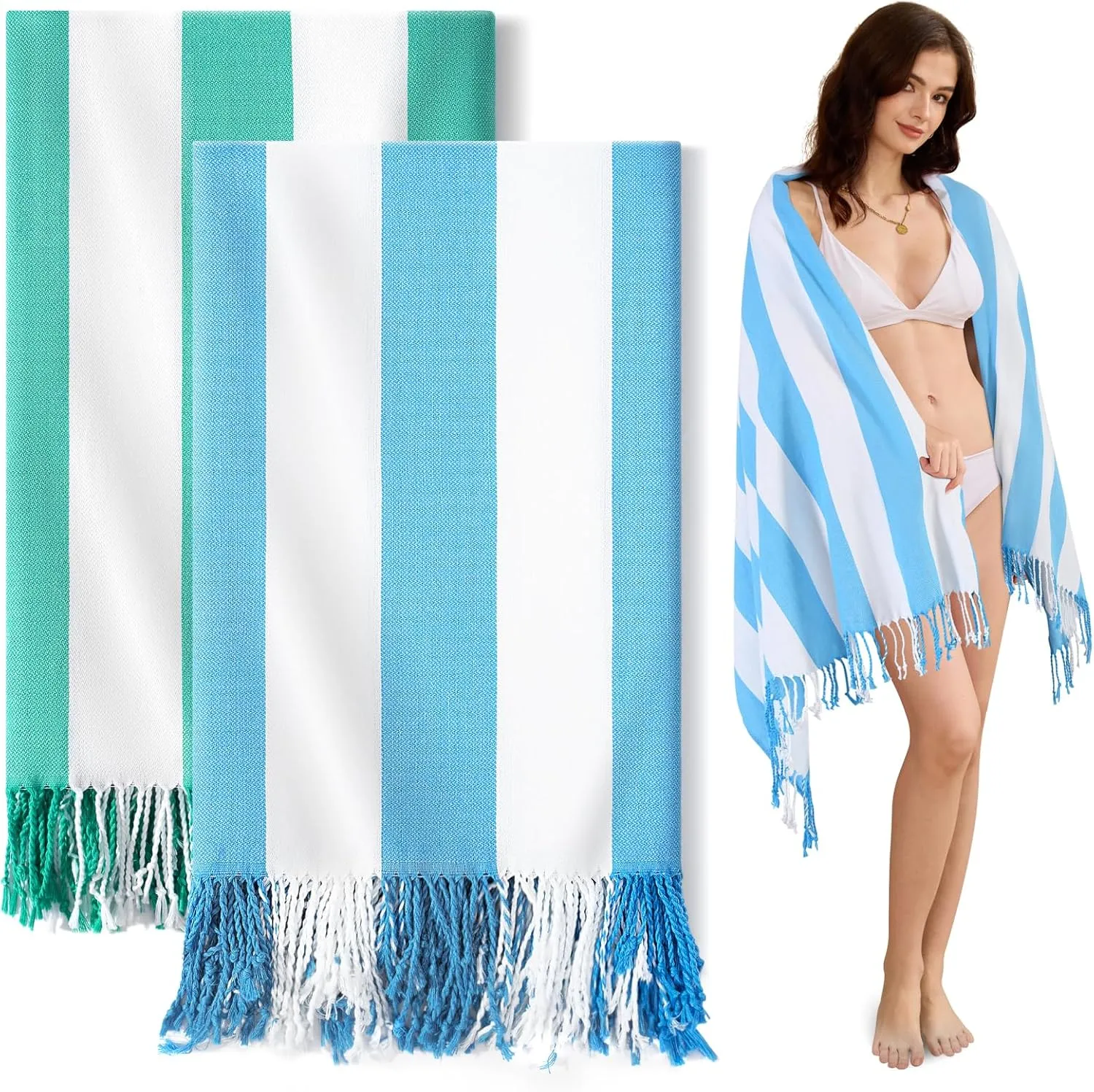 Genovega 2 PacksOversized Turkish Beach Towels 74"x38" Thin Quick Dry Sand Free Pool Swim Bathing Towel Extra Large Blanket Adult Travel Essentials Accessories Summer Vacation Blue Green Stripe
