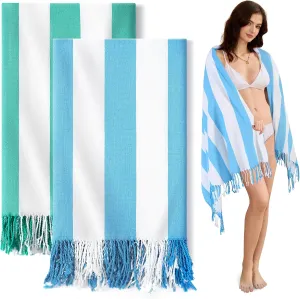 Genovega 2 PacksOversized Turkish Beach Towels 74"x38" Thin Quick Dry Sand Free Pool Swim Bathing Towel Extra Large Blanket Adult Travel Essentials Accessories Summer Vacation Blue Green Stripe