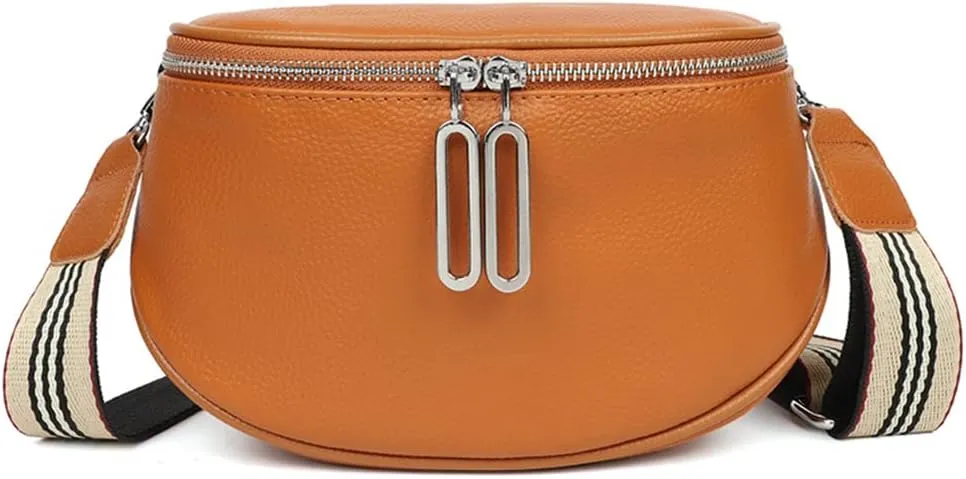 Genuine Leather Crossbody Fanny Packs for Women Fashion Belt Bag Chest Purses Casual Sling Waist Bag with Zipper Closure (Brown)