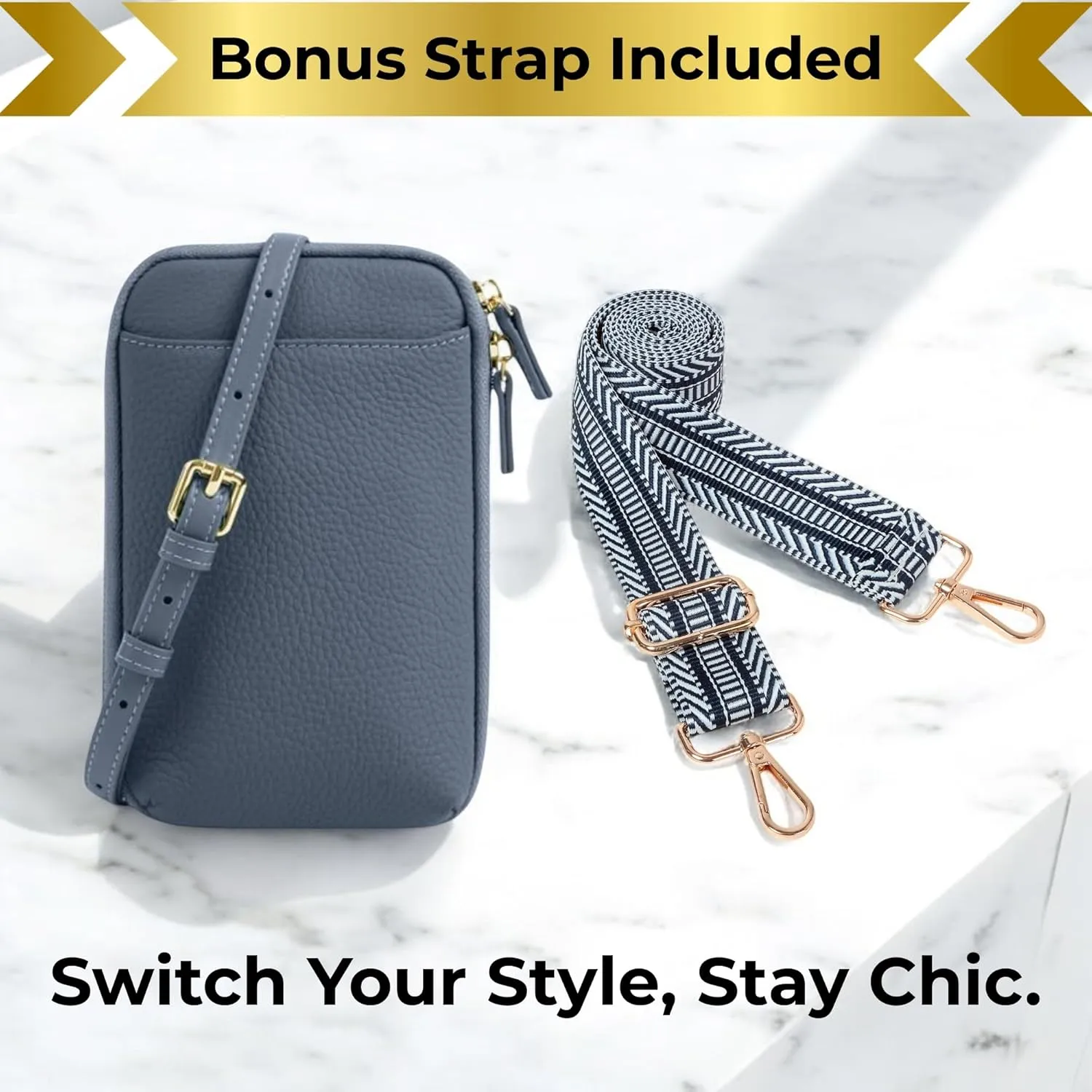Genuine Leather Small Crossbody Phone Zipper Wallet with Replacement Adjustable Wide Strap & Key Ring, Card Slots Purse