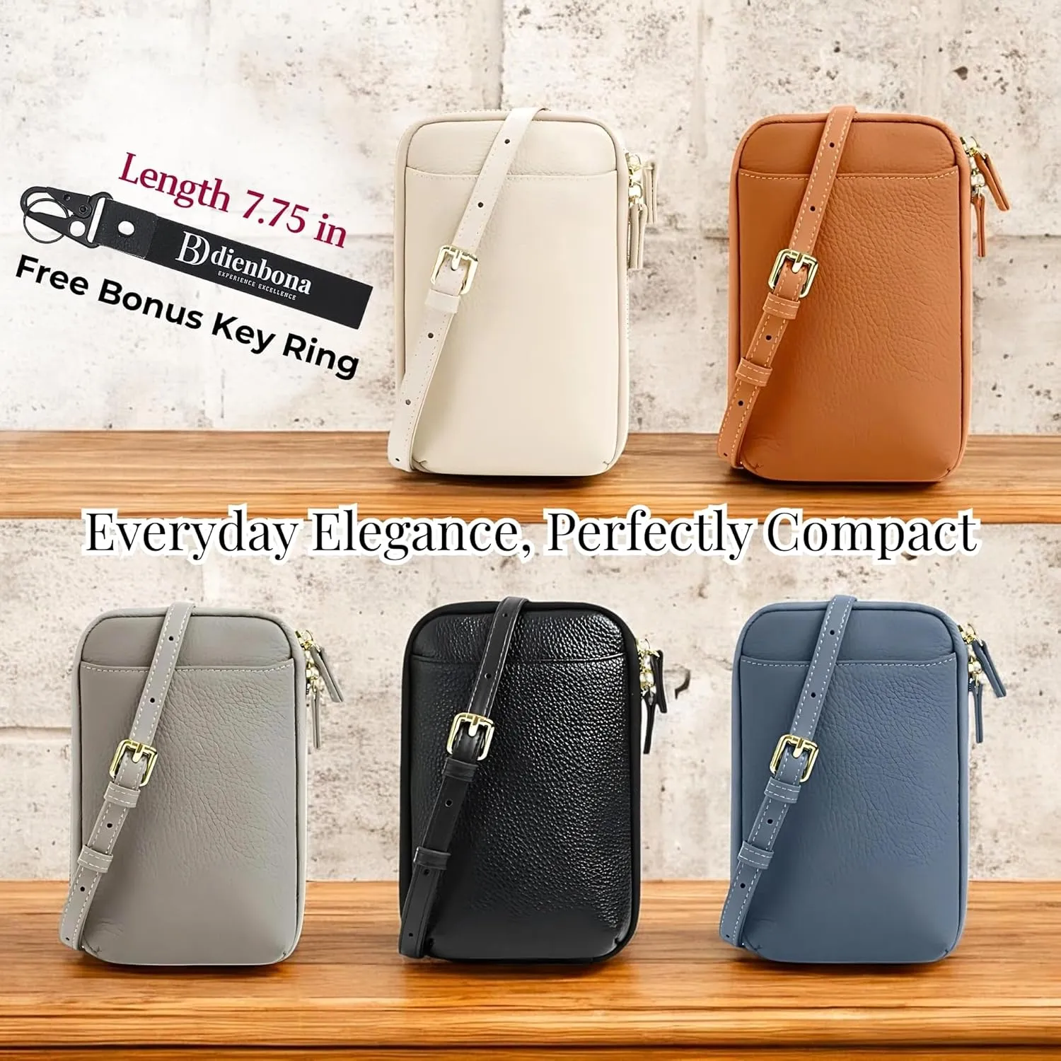 Genuine Leather Small Crossbody Phone Zipper Wallet with Replacement Adjustable Wide Strap & Key Ring, Card Slots Purse