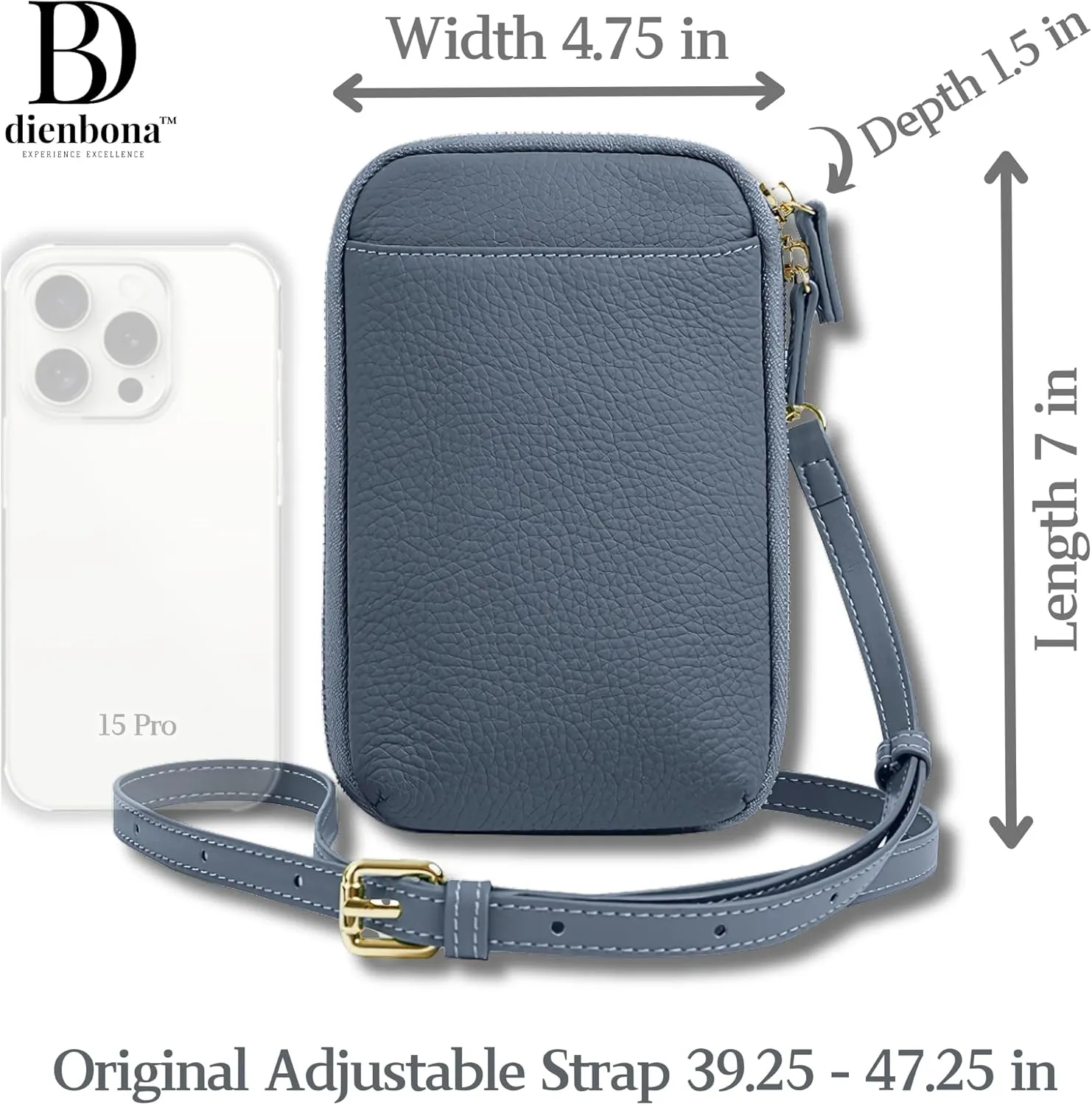 Genuine Leather Small Crossbody Phone Zipper Wallet with Replacement Adjustable Wide Strap & Key Ring, Card Slots Purse