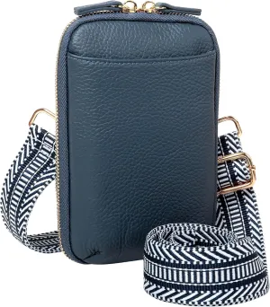Genuine Leather Small Crossbody Phone Zipper Wallet with Replacement Adjustable Wide Strap & Key Ring, Card Slots Purse