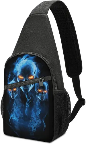 Ghost Skulls in Blue Flames Crossbody Sling Bags Chest Shoulder Backpack DayPack Handbag