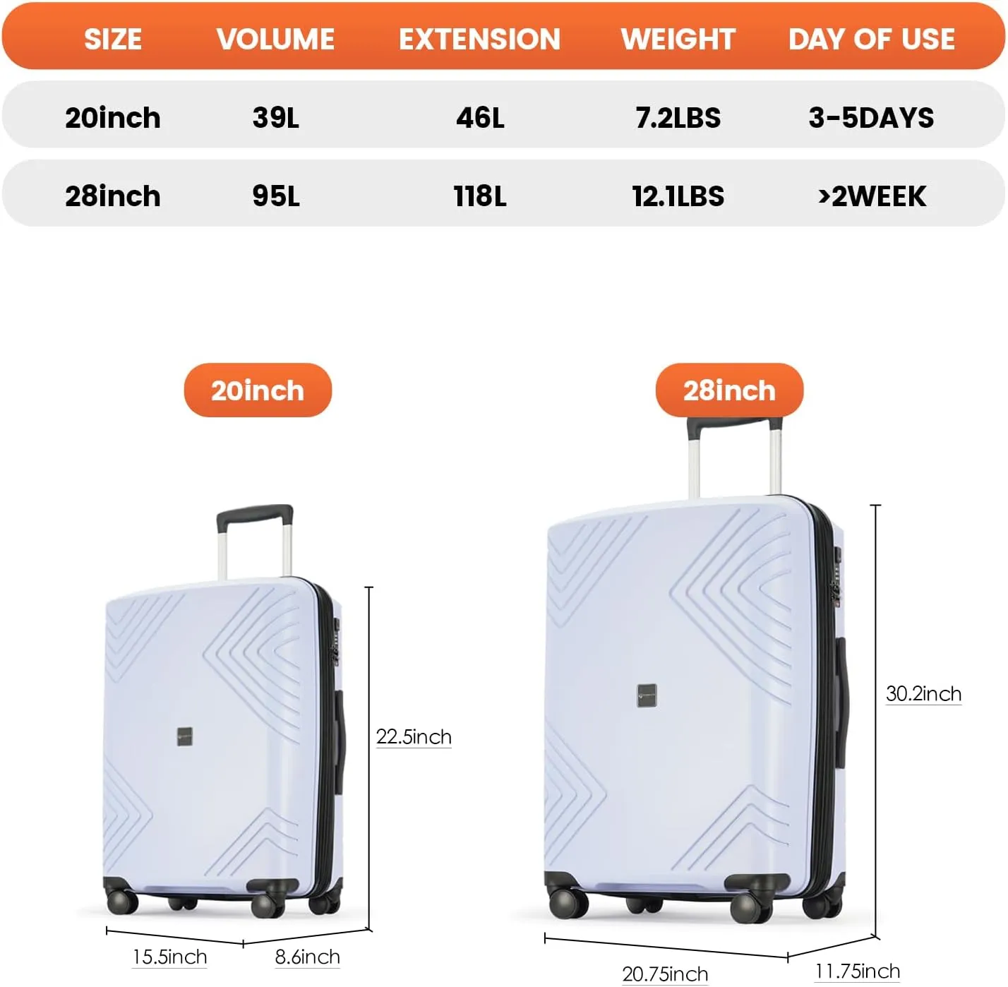 GinzaTravel Rune series expandable 2 Luggage Sets,Lightweight Hardside Suitcase With Spinner Wheels TSA Lock,PP material business fashion suitcase