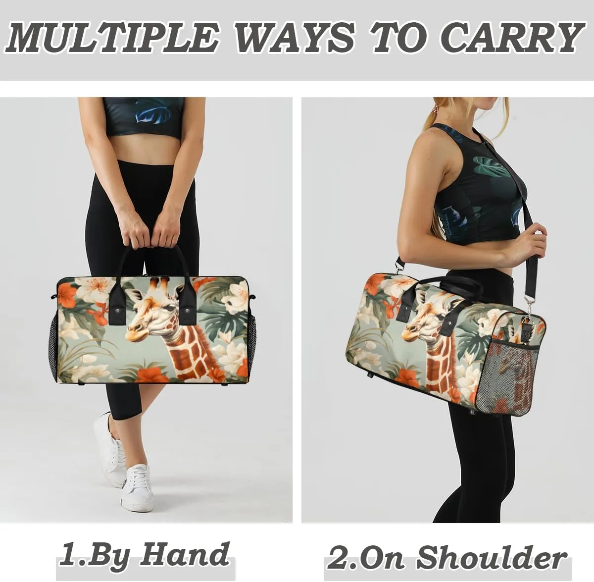 Giraffe Travel Duffle Bag for Women Men Foldable Waterproof Weekender Bag Carry on Tote for Overnight Sports Gym Jungle Safari Animals Flowers