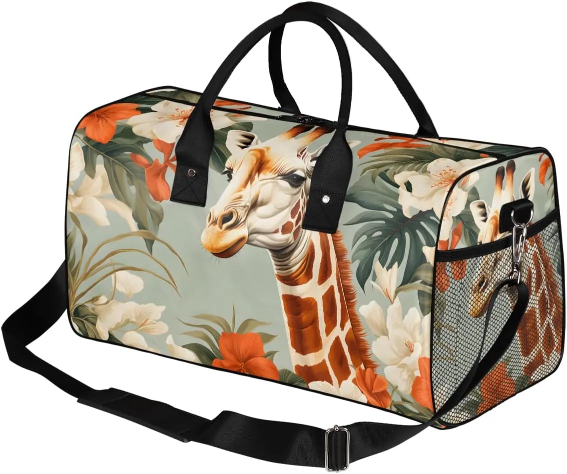Giraffe Travel Duffle Bag for Women Men Foldable Waterproof Weekender Bag Carry on Tote for Overnight Sports Gym Jungle Safari Animals Flowers