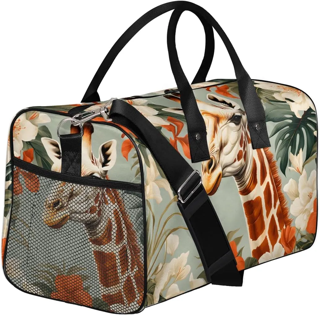 Giraffe Travel Duffle Bag for Women Men Foldable Waterproof Weekender Bag Carry on Tote for Overnight Sports Gym Jungle Safari Animals Flowers