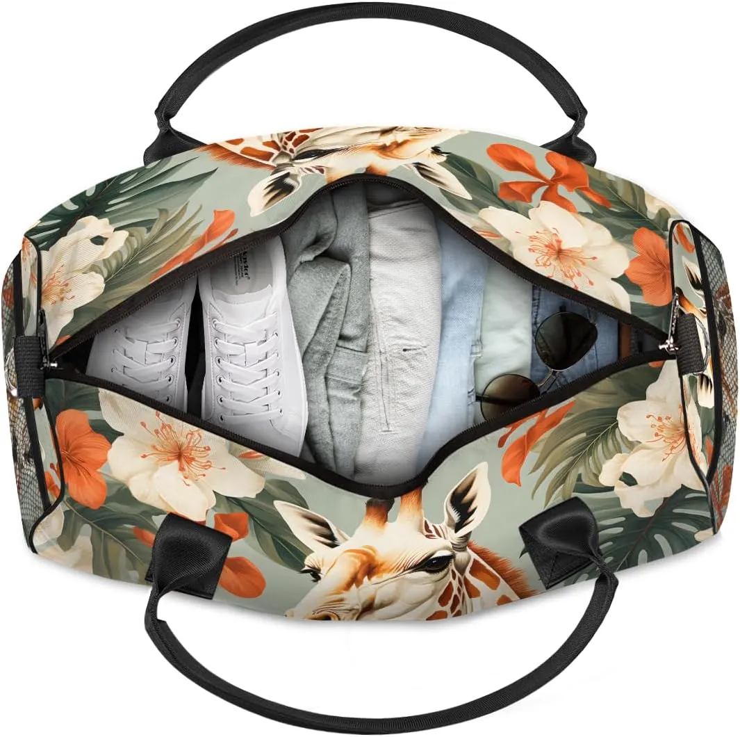 Giraffe Travel Duffle Bag for Women Men Foldable Waterproof Weekender Bag Carry on Tote for Overnight Sports Gym Jungle Safari Animals Flowers
