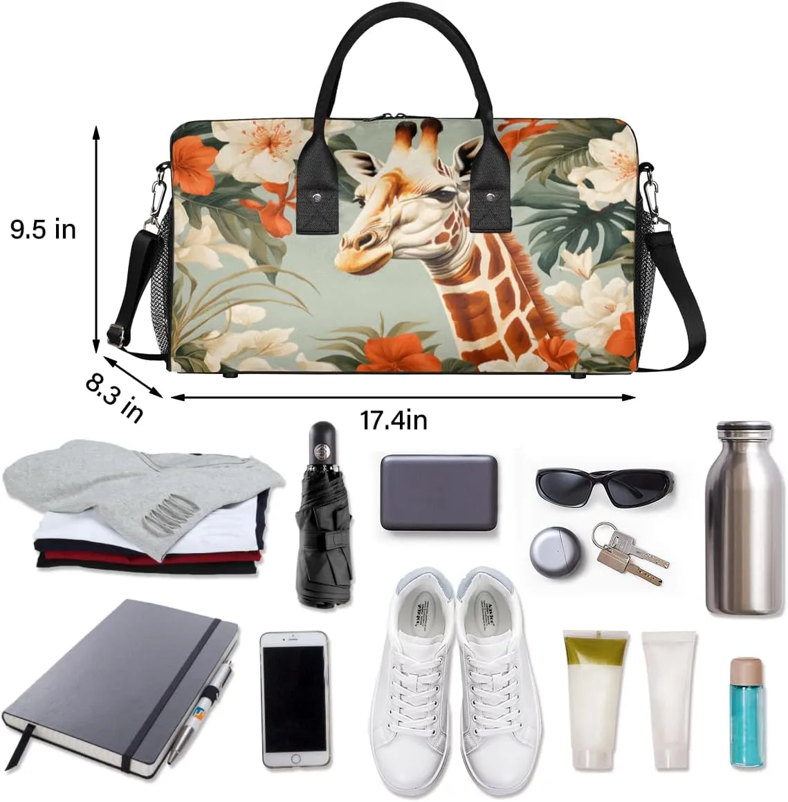Giraffe Travel Duffle Bag for Women Men Foldable Waterproof Weekender Bag Carry on Tote for Overnight Sports Gym Jungle Safari Animals Flowers