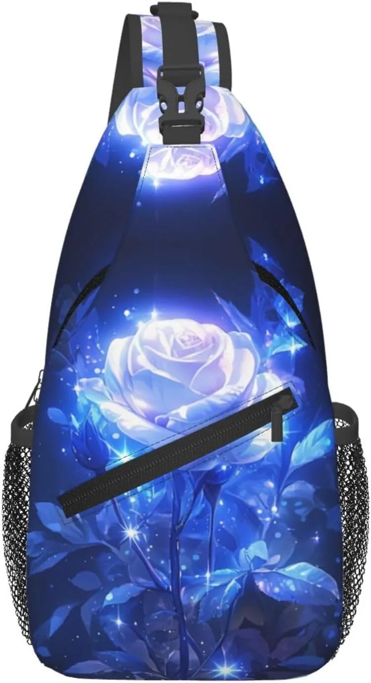 Glowing Blue Rose Outdoor Crossbody Shoulder Bag For Unisex Young Adult Hiking Bicycling
