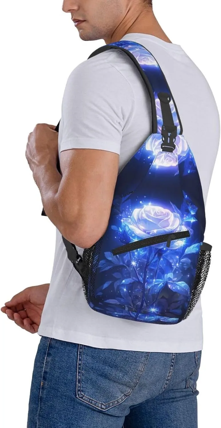 Glowing Blue Rose Outdoor Crossbody Shoulder Bag For Unisex Young Adult Hiking Bicycling