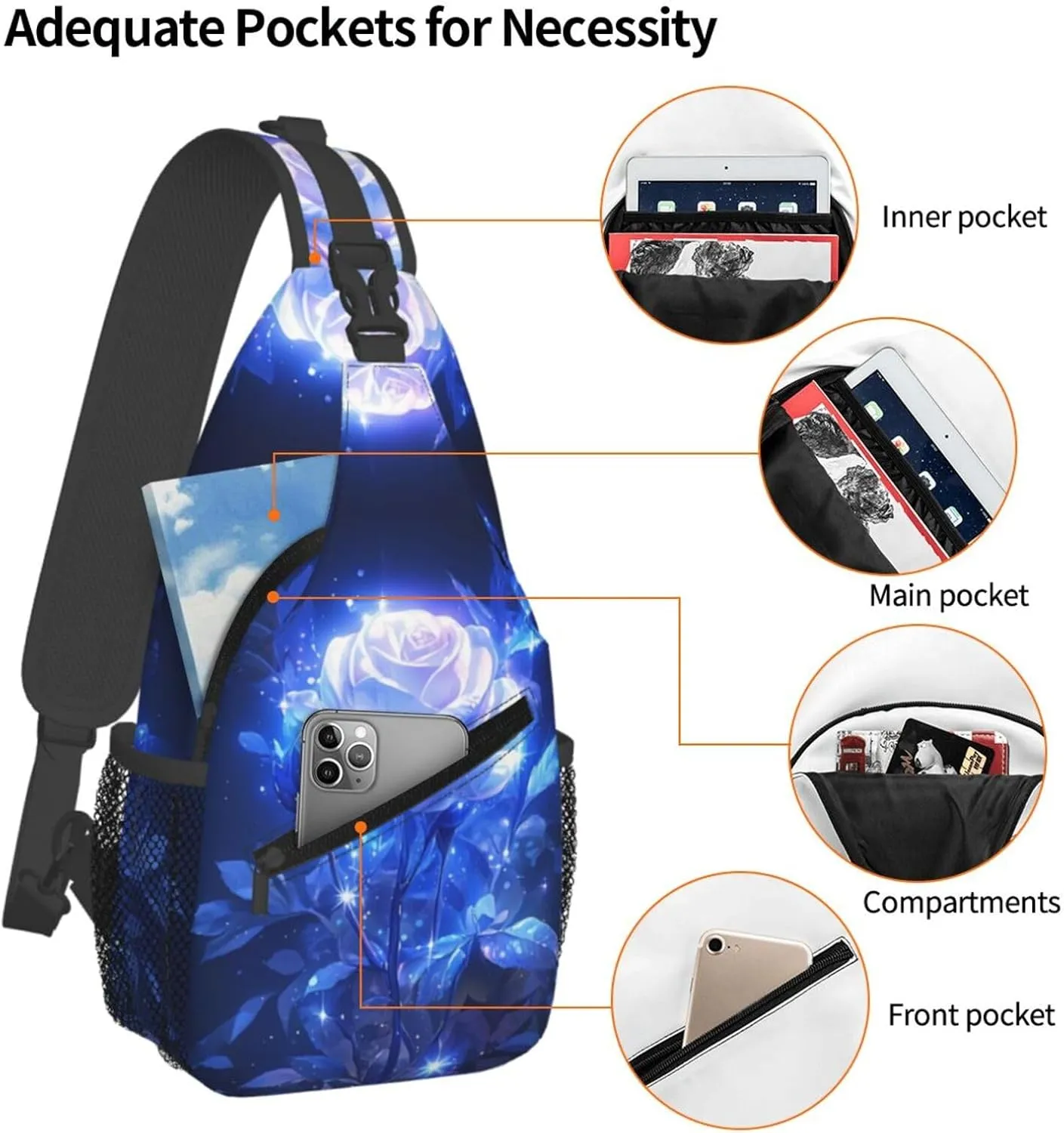 Glowing Blue Rose Outdoor Crossbody Shoulder Bag For Unisex Young Adult Hiking Bicycling