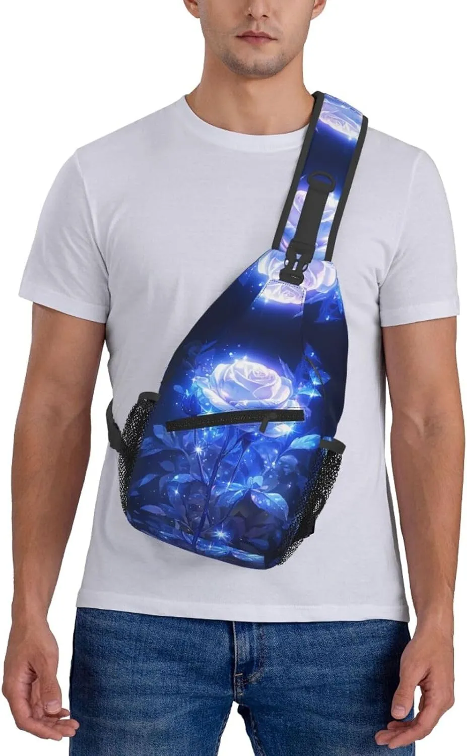 Glowing Blue Rose Outdoor Crossbody Shoulder Bag For Unisex Young Adult Hiking Bicycling