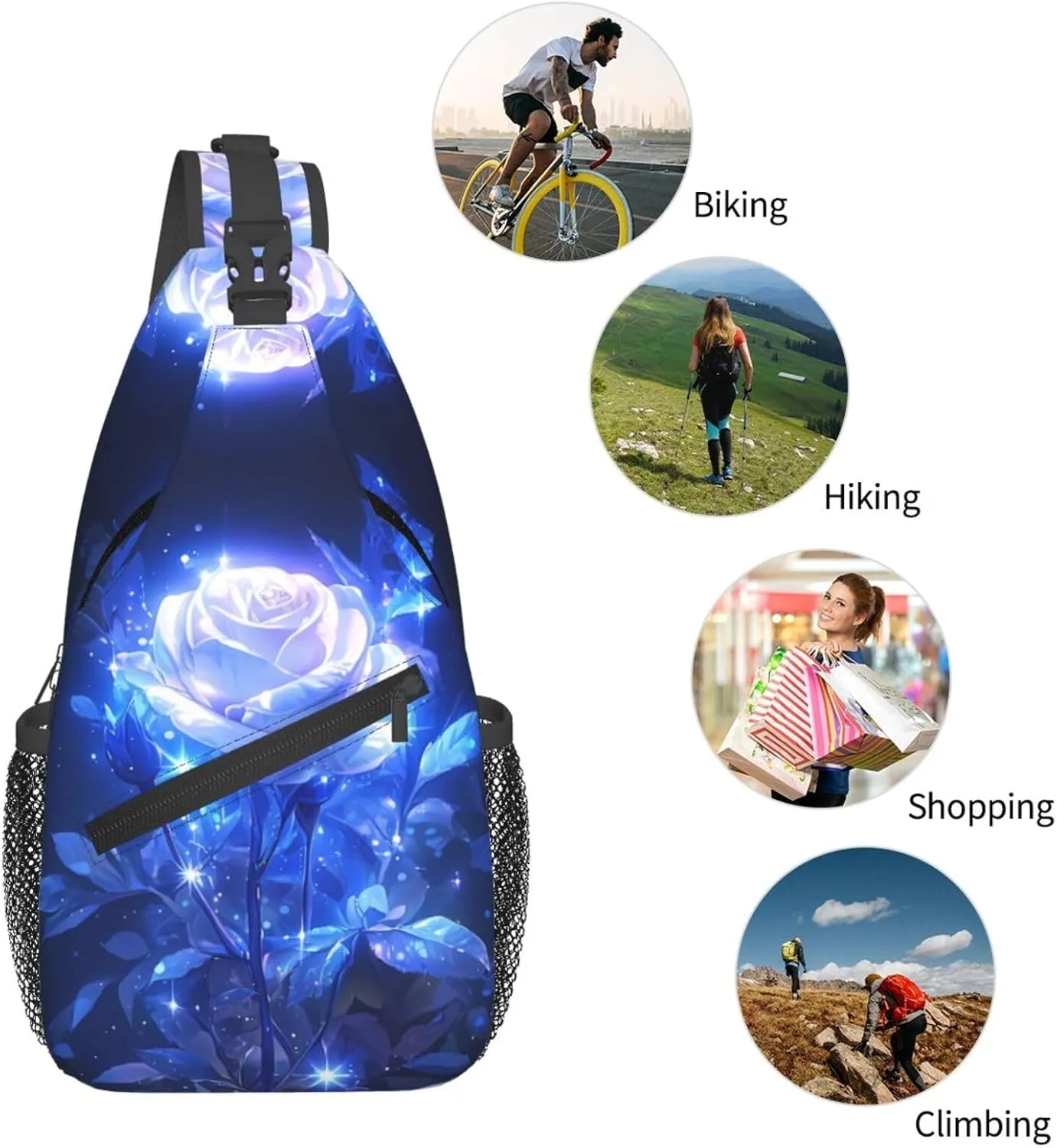 Glowing Blue Rose Outdoor Crossbody Shoulder Bag For Unisex Young Adult Hiking Bicycling
