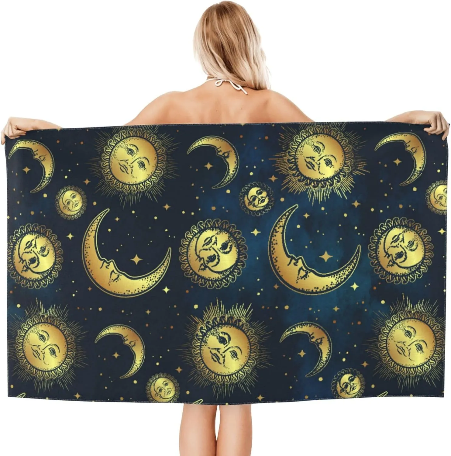 Gold Moon Sun Star Beach Towel Quick Dry Microfiber Bath Towels for Bathroom Soft Sand Free Beach Towels Summer Essentials Travel Swimming Decor Gifts for Women Men