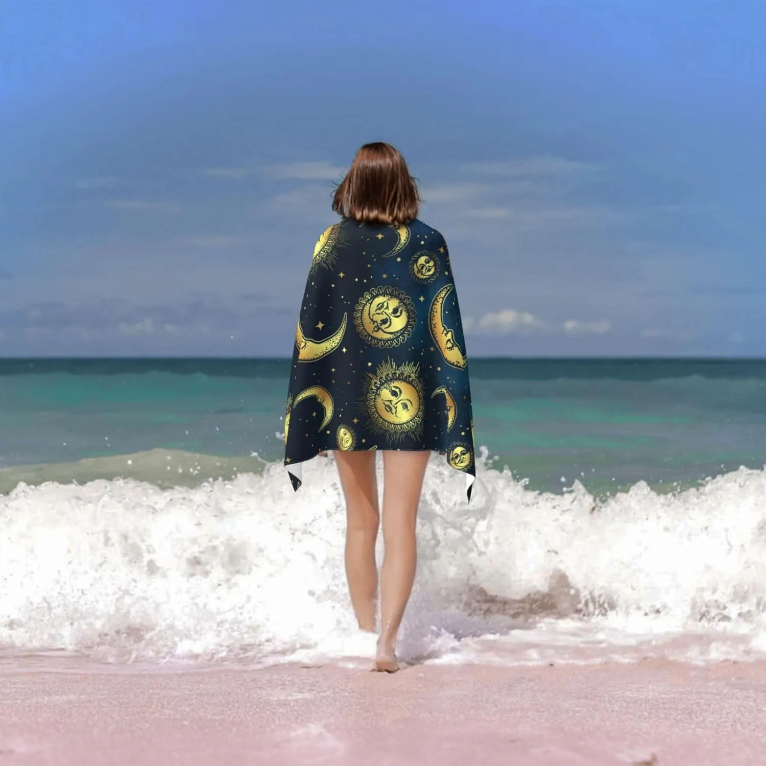 Gold Moon Sun Star Beach Towel Quick Dry Microfiber Bath Towels for Bathroom Soft Sand Free Beach Towels Summer Essentials Travel Swimming Decor Gifts for Women Men