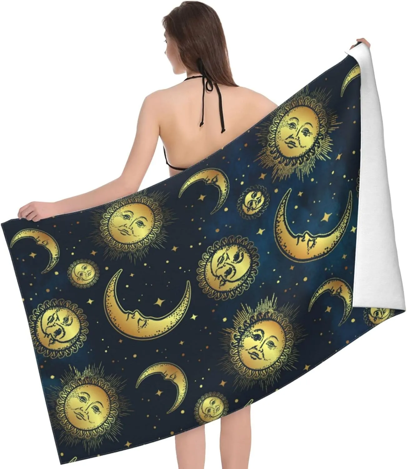 Gold Moon Sun Star Beach Towel Quick Dry Microfiber Bath Towels for Bathroom Soft Sand Free Beach Towels Summer Essentials Travel Swimming Decor Gifts for Women Men