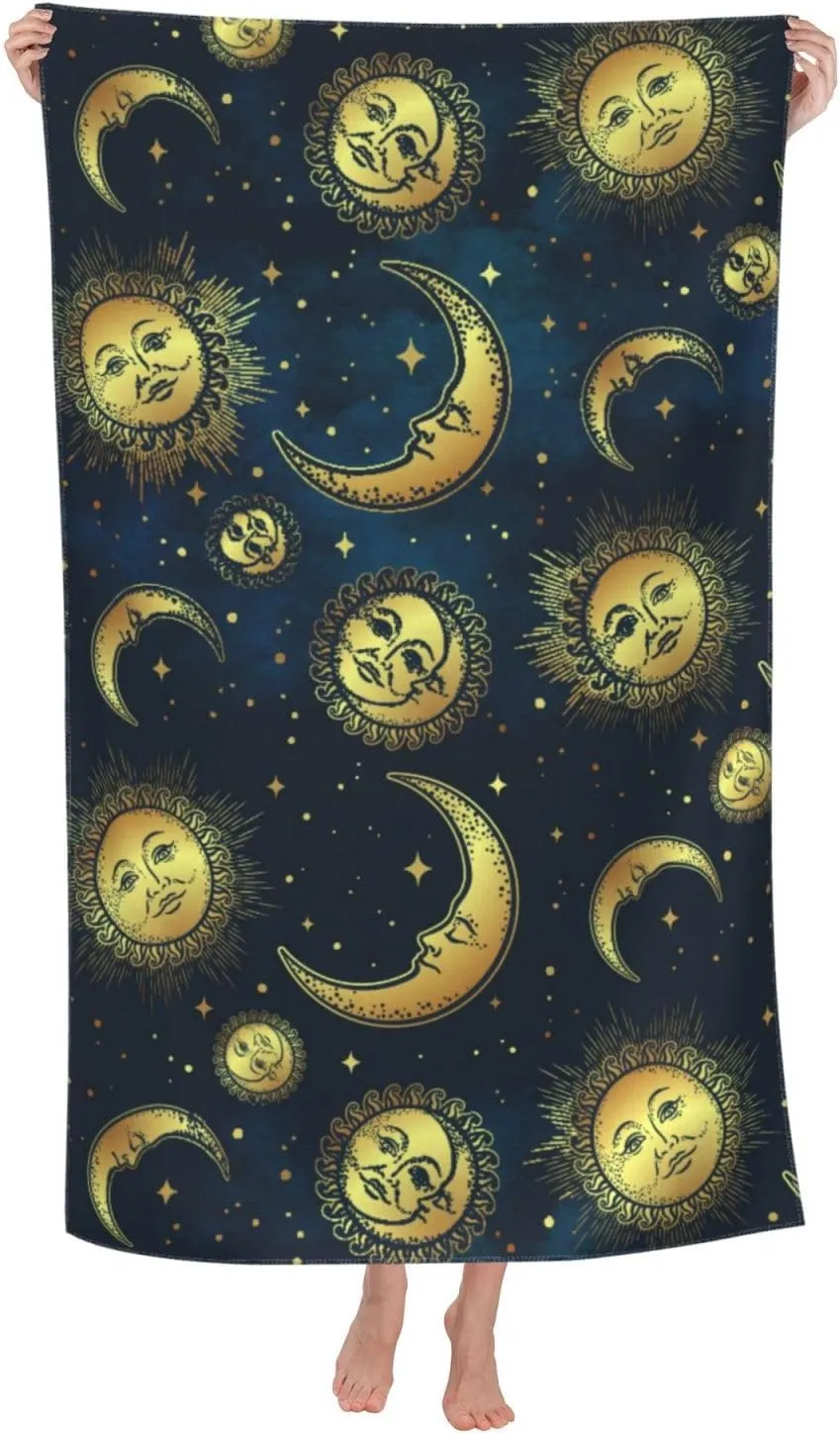 Gold Moon Sun Star Beach Towel Quick Dry Microfiber Bath Towels for Bathroom Soft Sand Free Beach Towels Summer Essentials Travel Swimming Decor Gifts for Women Men