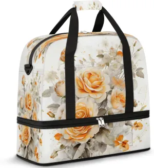 Golden Rose Garden Travel Duffel Bag, Travel Essentials, Gym Bag for Women, Weekender Overnight Bag With Shoes Compartment, Carry On Bags for Airplanes