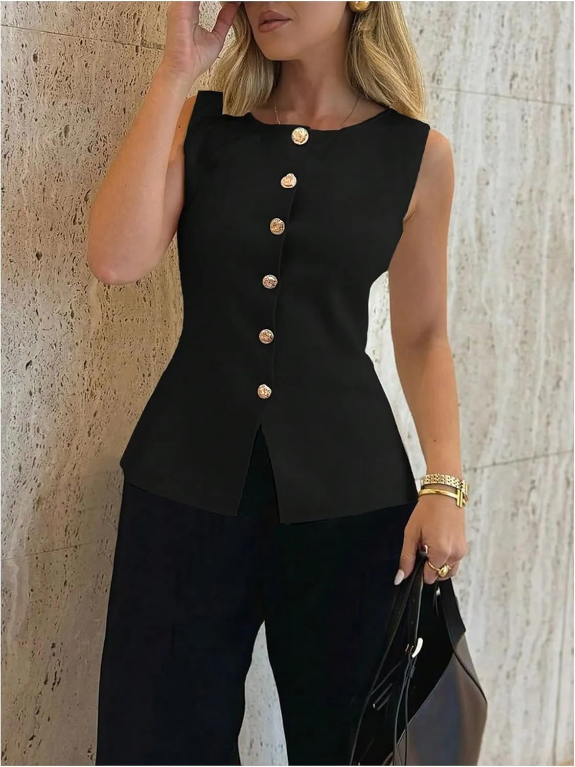 GORGLITTER Women's Sleeveless Metallic Knit Tops Fashion Vest Business Casual Cardigan Western Country Concert Outfits