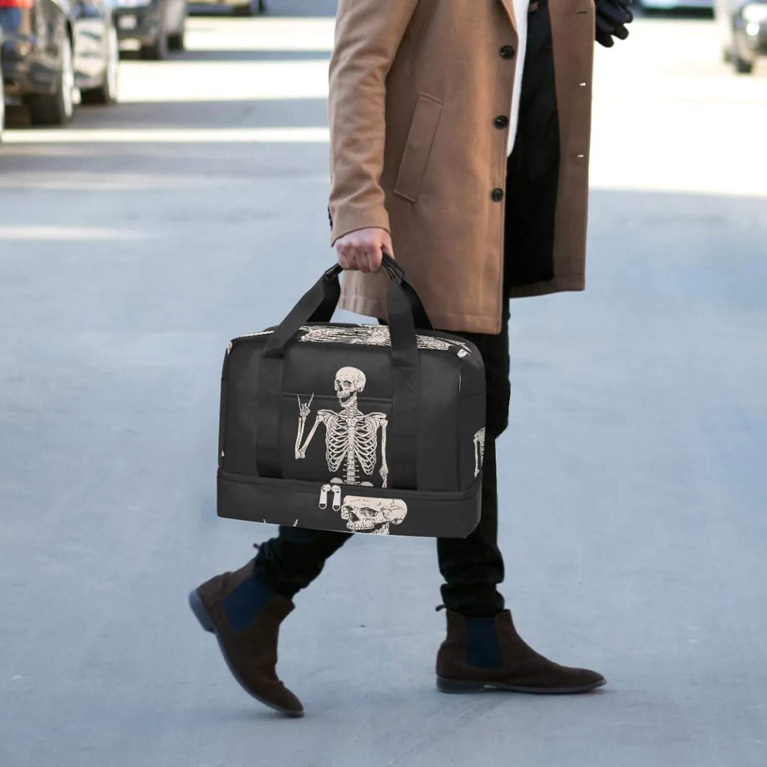 Goth Skull Halloween Sports Gym Bag with Shoes Compartment,Human Skeleton Skull Travel Duffel Bag for Women Men Boys Girls Teens Overnight Weekend Yoga Workout Bag Training Handbag