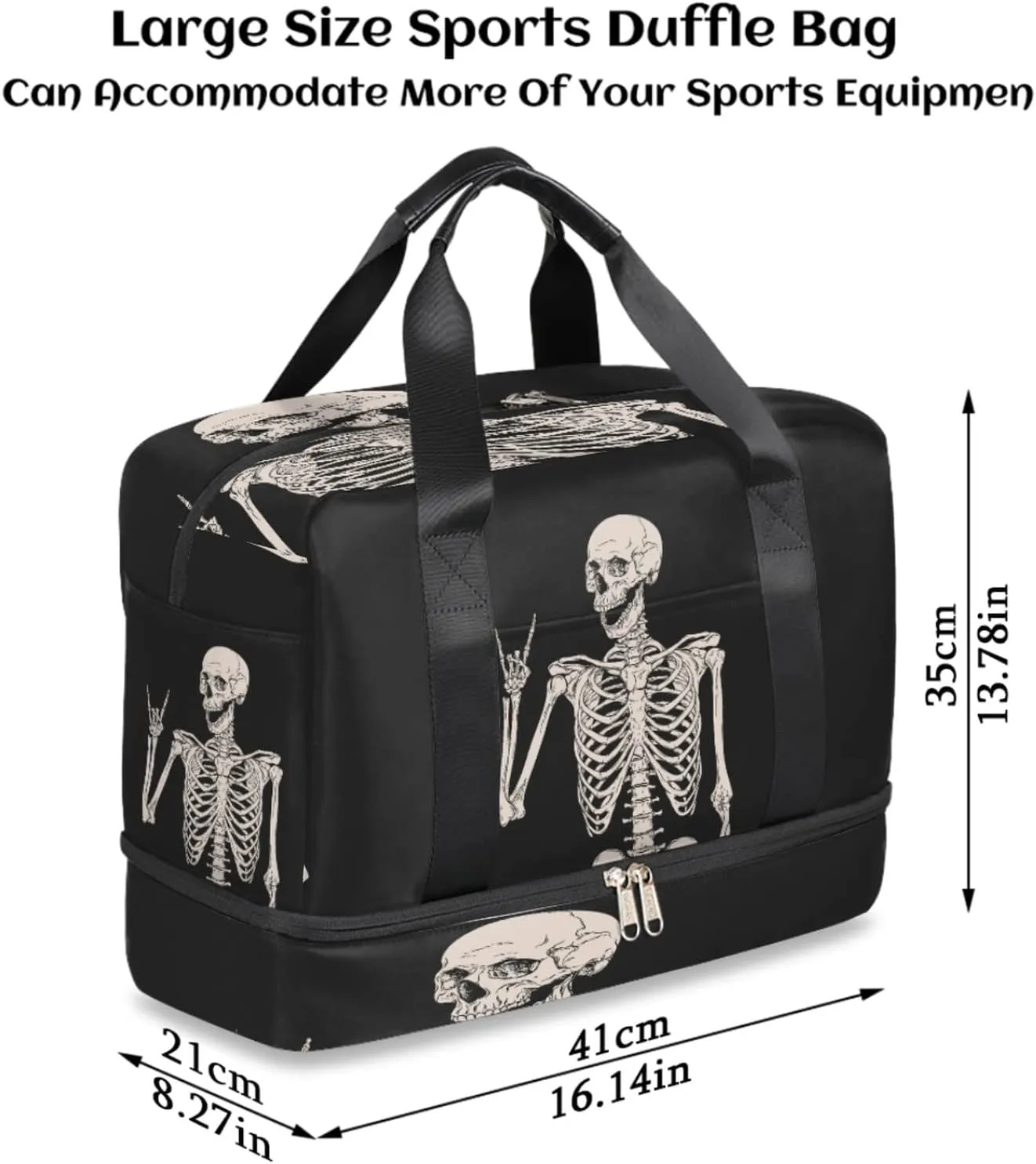 Goth Skull Halloween Sports Gym Bag with Shoes Compartment,Human Skeleton Skull Travel Duffel Bag for Women Men Boys Girls Teens Overnight Weekend Yoga Workout Bag Training Handbag