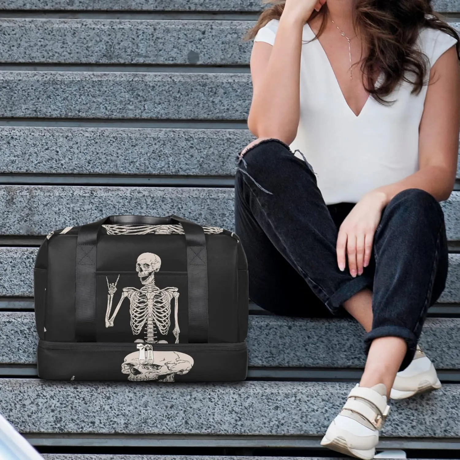 Goth Skull Halloween Sports Gym Bag with Shoes Compartment,Human Skeleton Skull Travel Duffel Bag for Women Men Boys Girls Teens Overnight Weekend Yoga Workout Bag Training Handbag