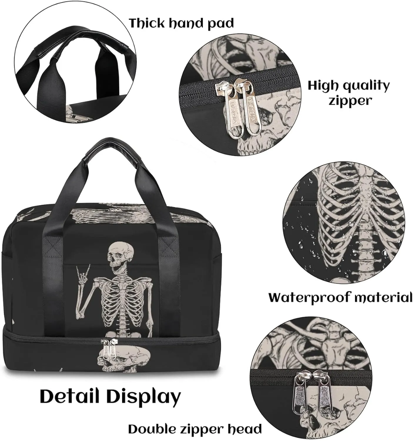 Goth Skull Halloween Sports Gym Bag with Shoes Compartment,Human Skeleton Skull Travel Duffel Bag for Women Men Boys Girls Teens Overnight Weekend Yoga Workout Bag Training Handbag