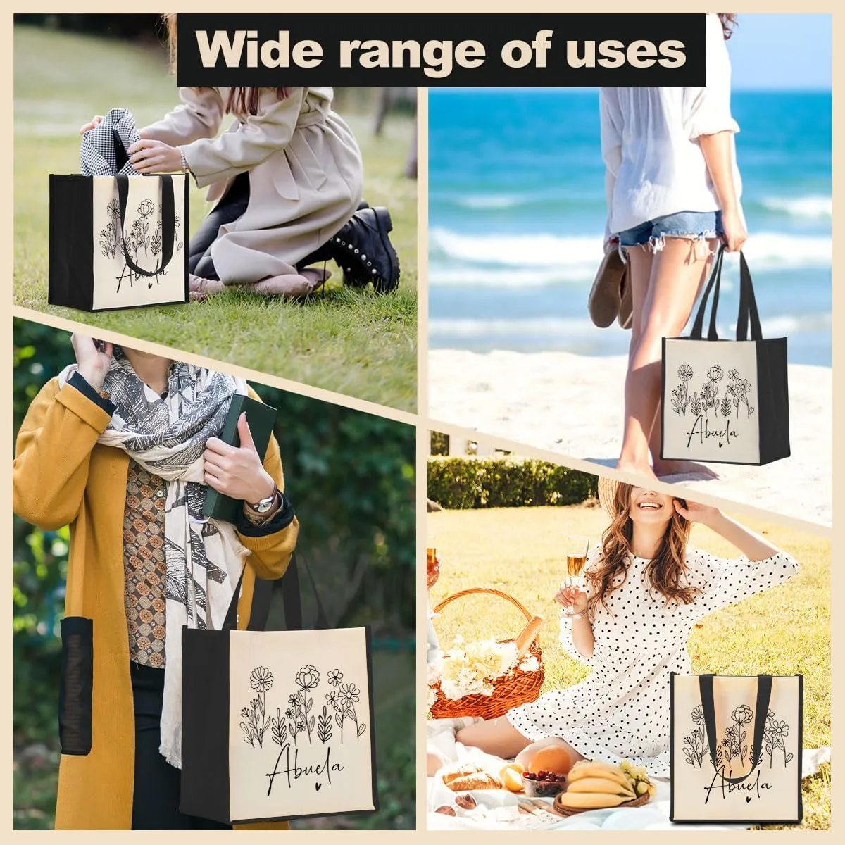 Grandma Mimi Gigi Grammy Nana Memaw Nanny Mama Mum Mom Auntie Gifts Reusable Canvas Tote Bag for Women