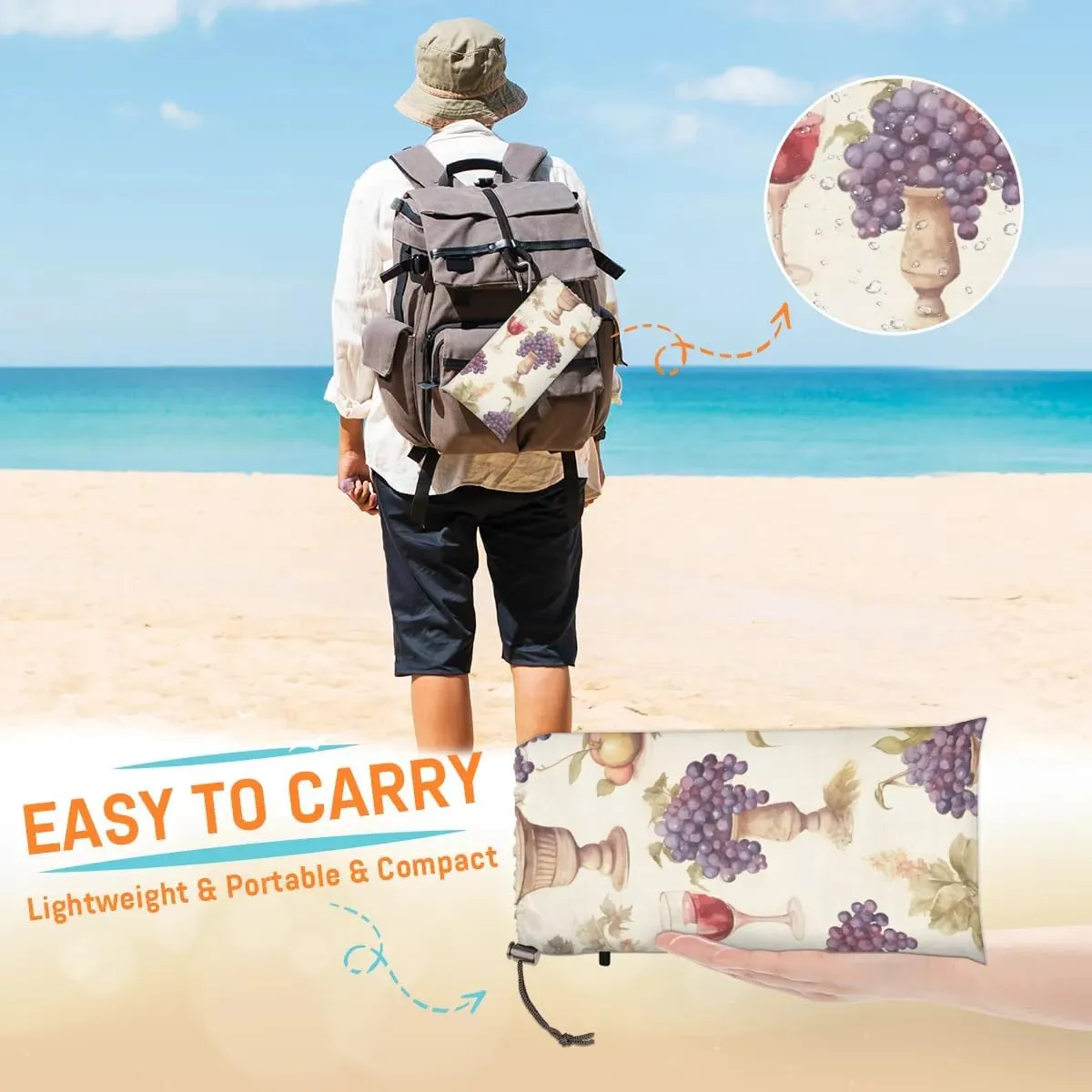 Grape Beach Blanket, Sandproof Beach Mat, 68 x 59 Waterproof Quick Drying Sand Free Mat with 4 x Ground Spikes for Outdoor Travel Camping Hiking, Grapes Bbottles Wine