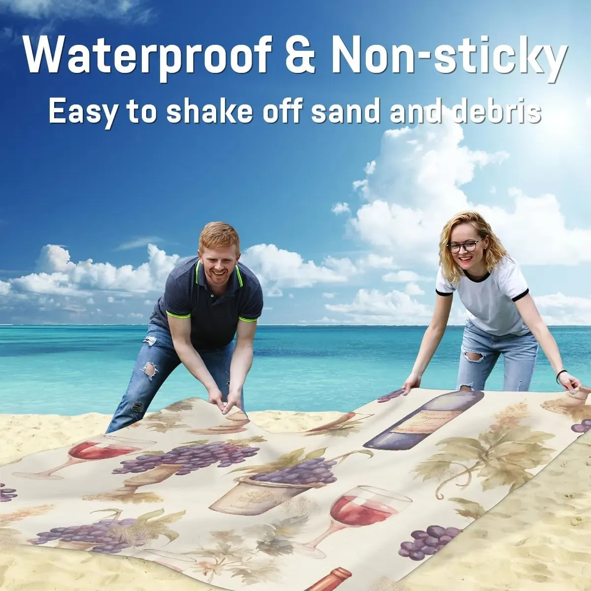 Grape Beach Blanket, Sandproof Beach Mat, 68 x 59 Waterproof Quick Drying Sand Free Mat with 4 x Ground Spikes for Outdoor Travel Camping Hiking, Grapes Bbottles Wine