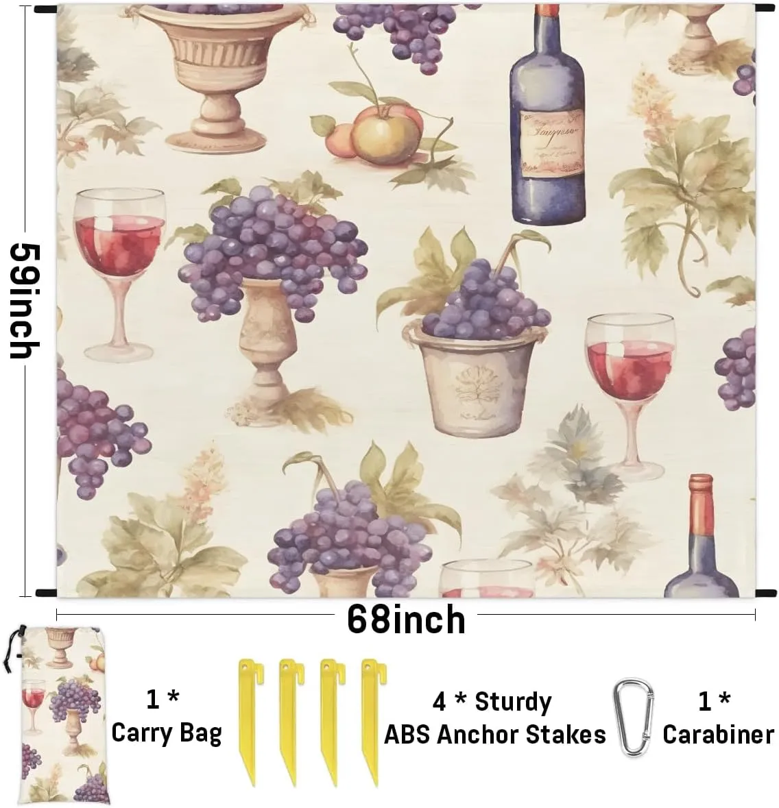 Grape Beach Blanket, Sandproof Beach Mat, 68 x 59 Waterproof Quick Drying Sand Free Mat with 4 x Ground Spikes for Outdoor Travel Camping Hiking, Grapes Bbottles Wine