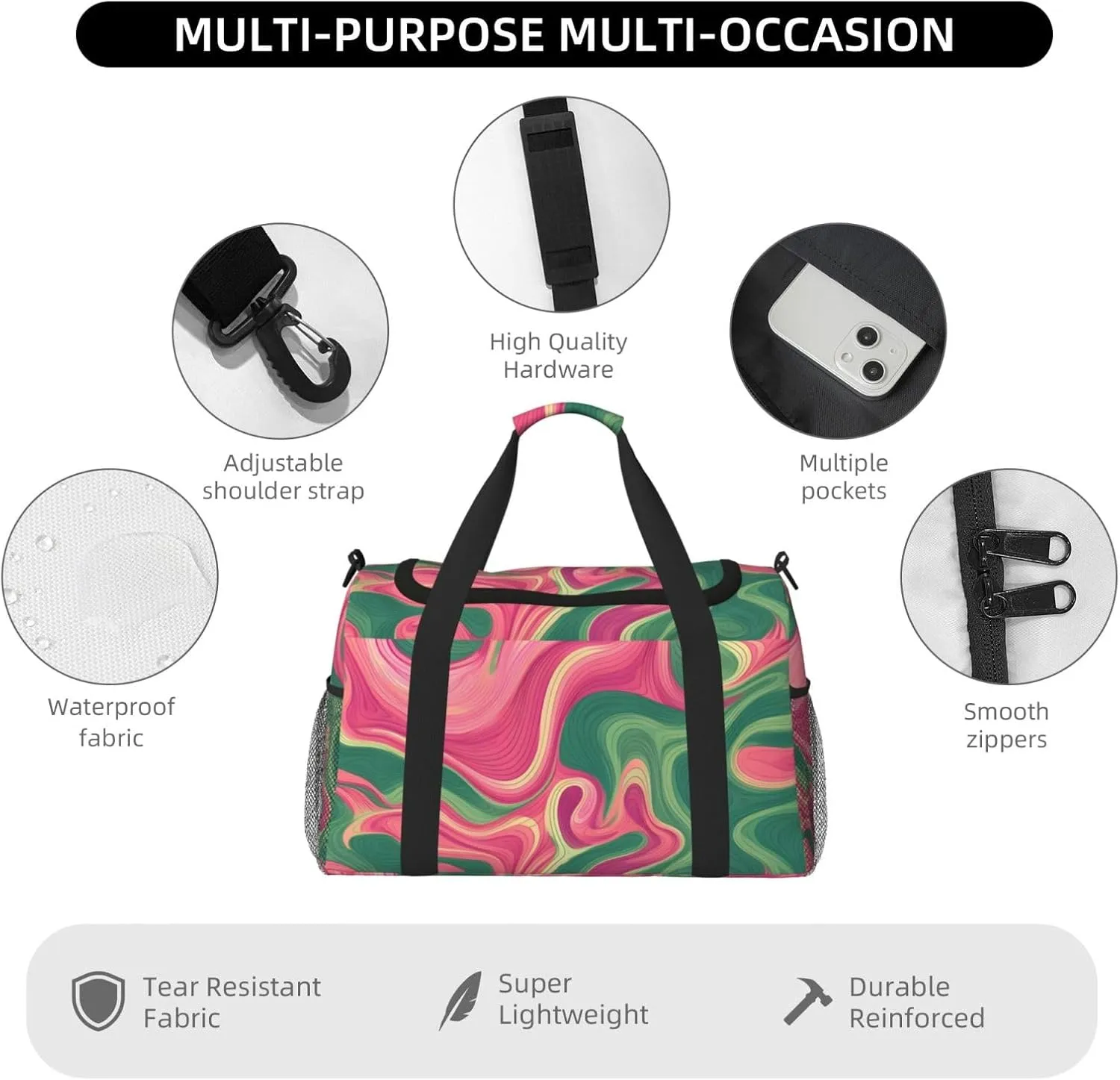 Green Pink Flowing Liquid Duffle Bag Foldable Travel Tote Bag Carry On Large Weekender Overnight Bags Waterproof Gym Bag For Women Men