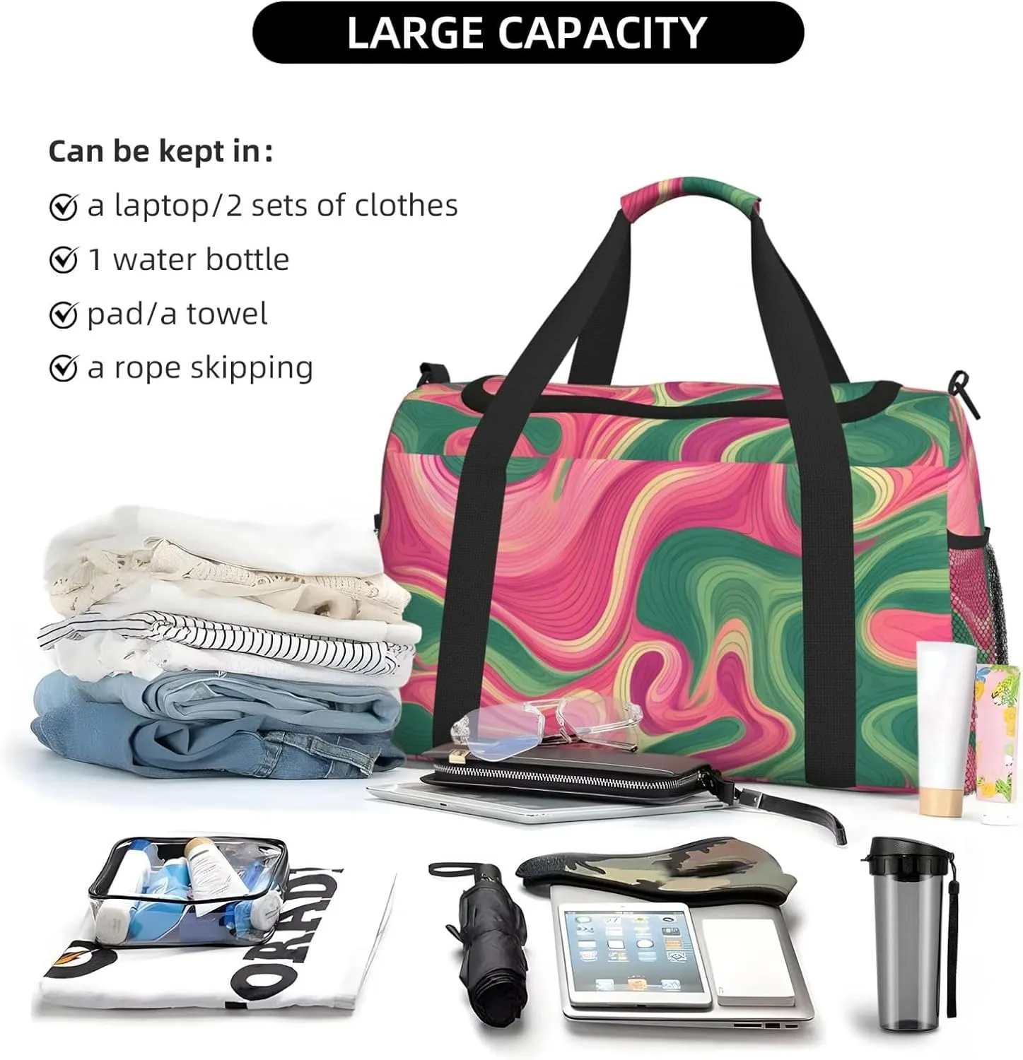 Green Pink Flowing Liquid Duffle Bag Foldable Travel Tote Bag Carry On Large Weekender Overnight Bags Waterproof Gym Bag For Women Men