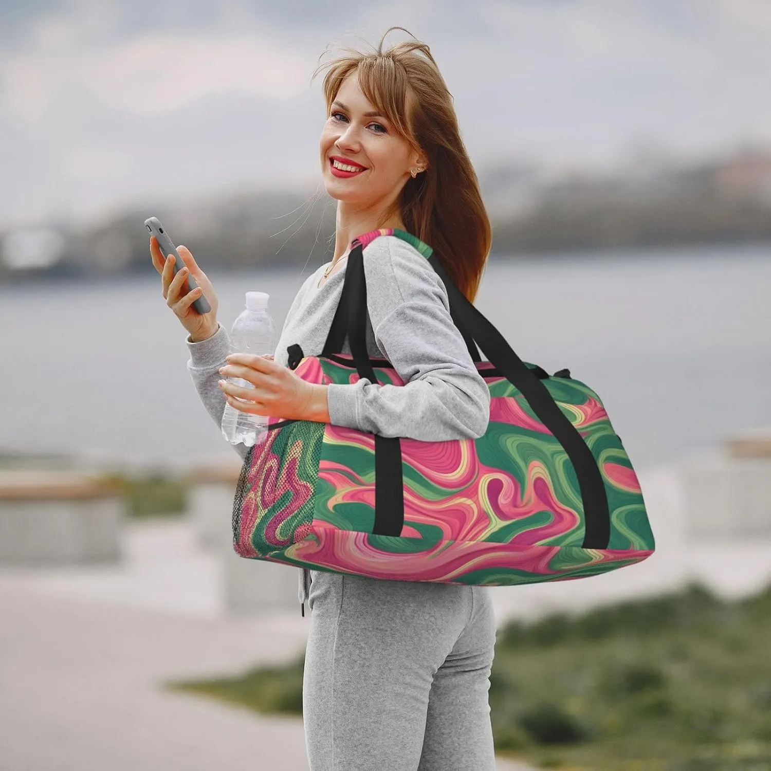 Green Pink Flowing Liquid Duffle Bag Foldable Travel Tote Bag Carry On Large Weekender Overnight Bags Waterproof Gym Bag For Women Men