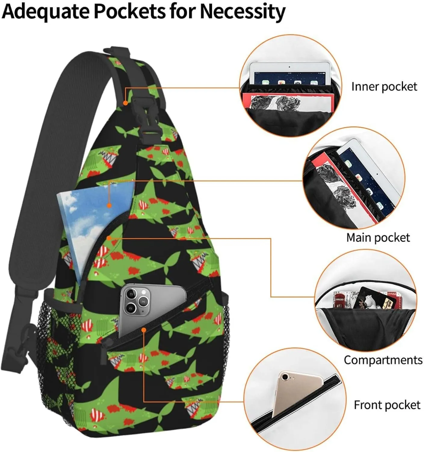 Green Shark Chest Sling Bag Crossbody Shoulder Backpack Bag Gym Cycling Travel Hiking Daypack Cross Bag