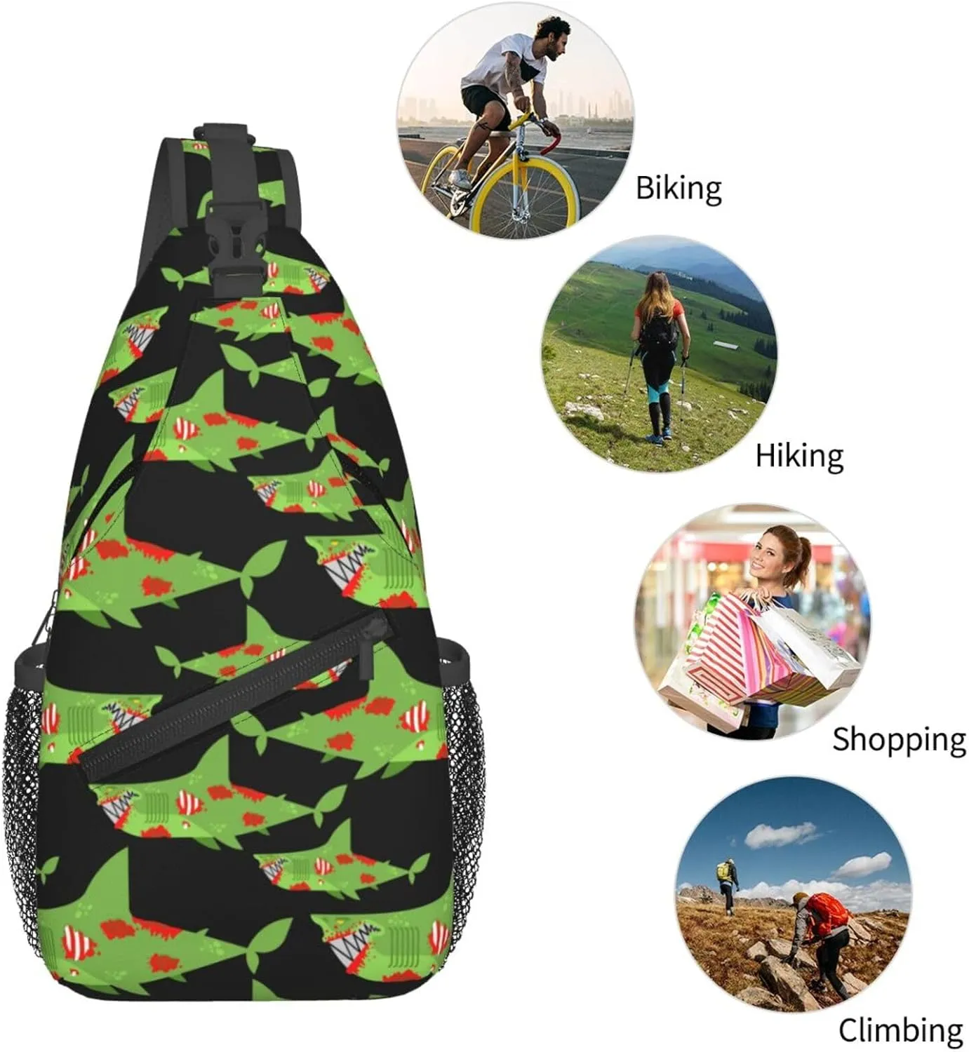 Green Shark Chest Sling Bag Crossbody Shoulder Backpack Bag Gym Cycling Travel Hiking Daypack Cross Bag