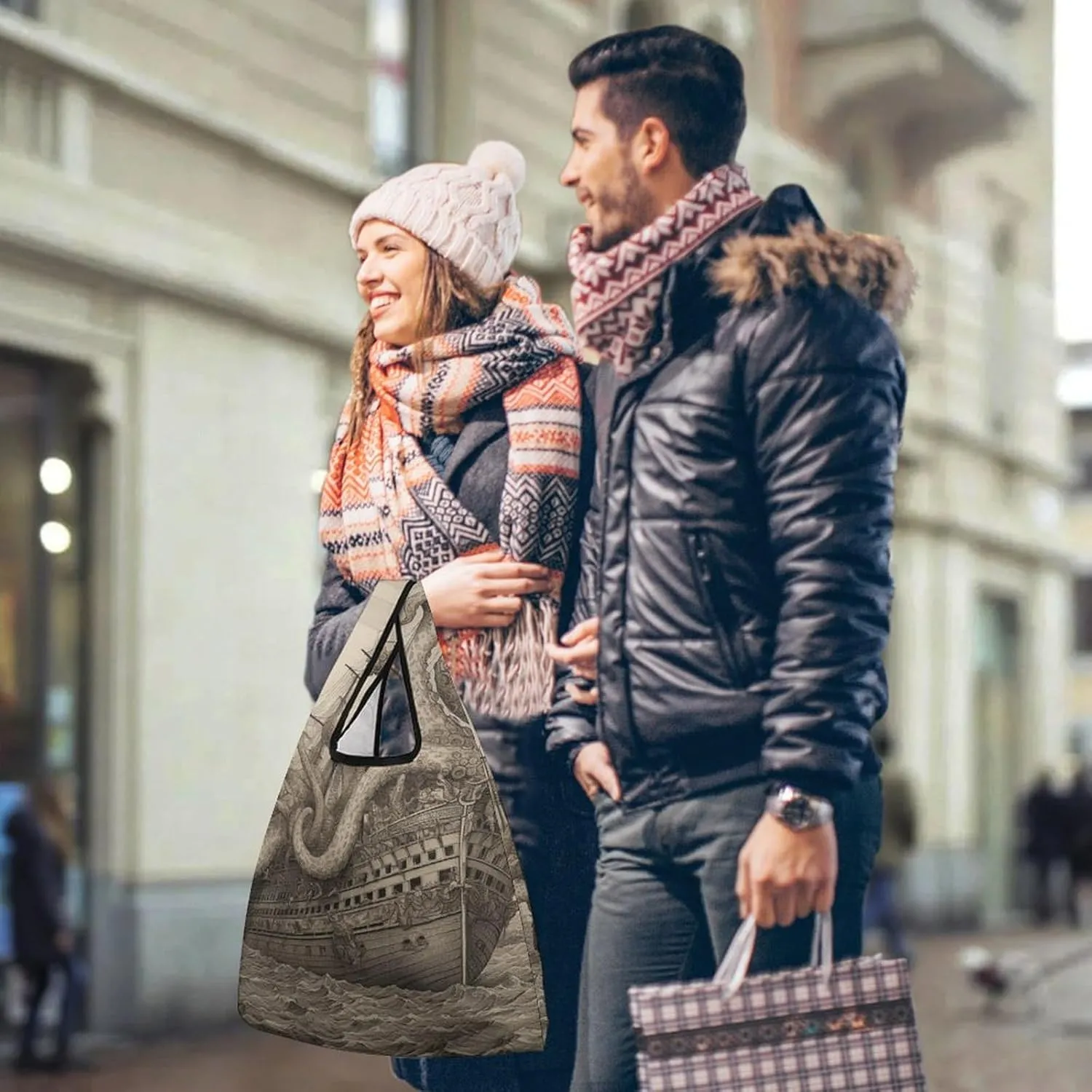 Grocery Bag Reusable Tote Bag Foldable Round Ball Christmas Tree Shopping Bag Handbag Washable Shoulder Bag for Travel