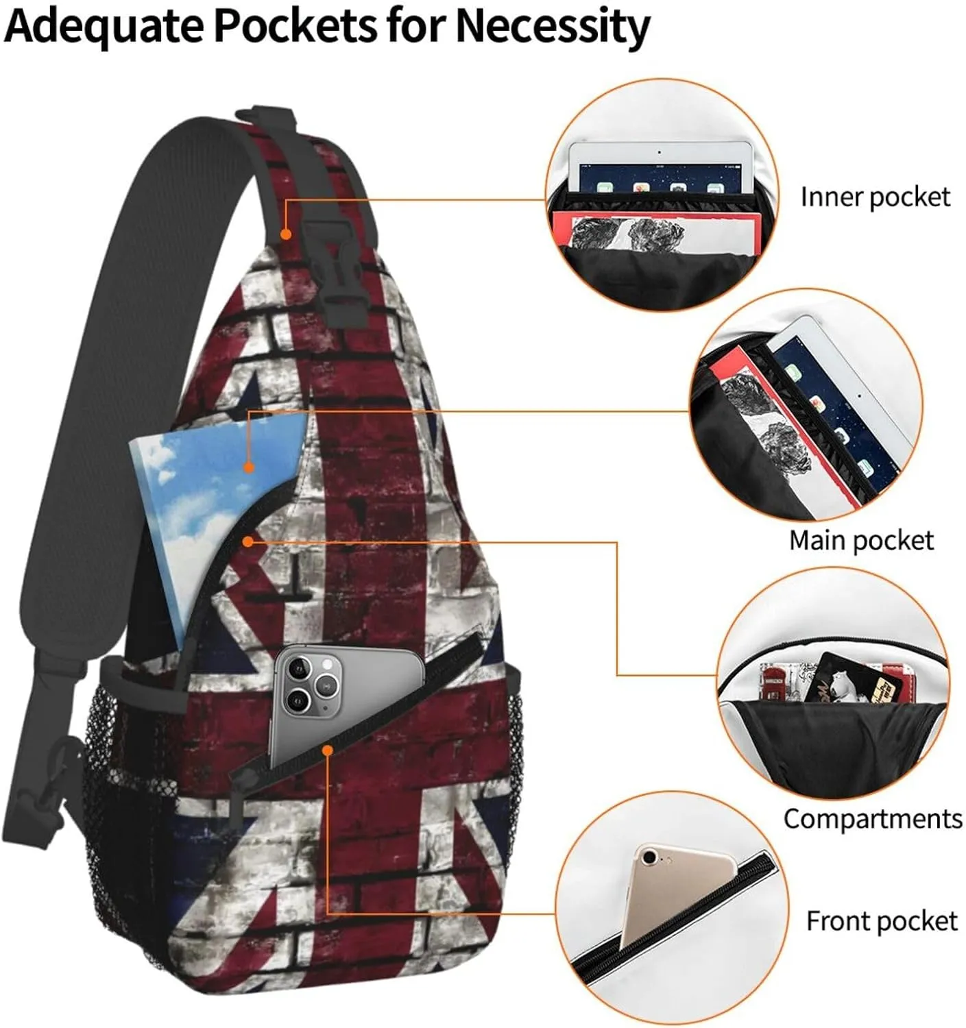 Grunge Uk Flag, Great Britain, Punk Style Distressed Chest Sling Bag Crossbody Shoulder Backpack Bag Gym Cycling Travel Hiking Daypack Cross Bag