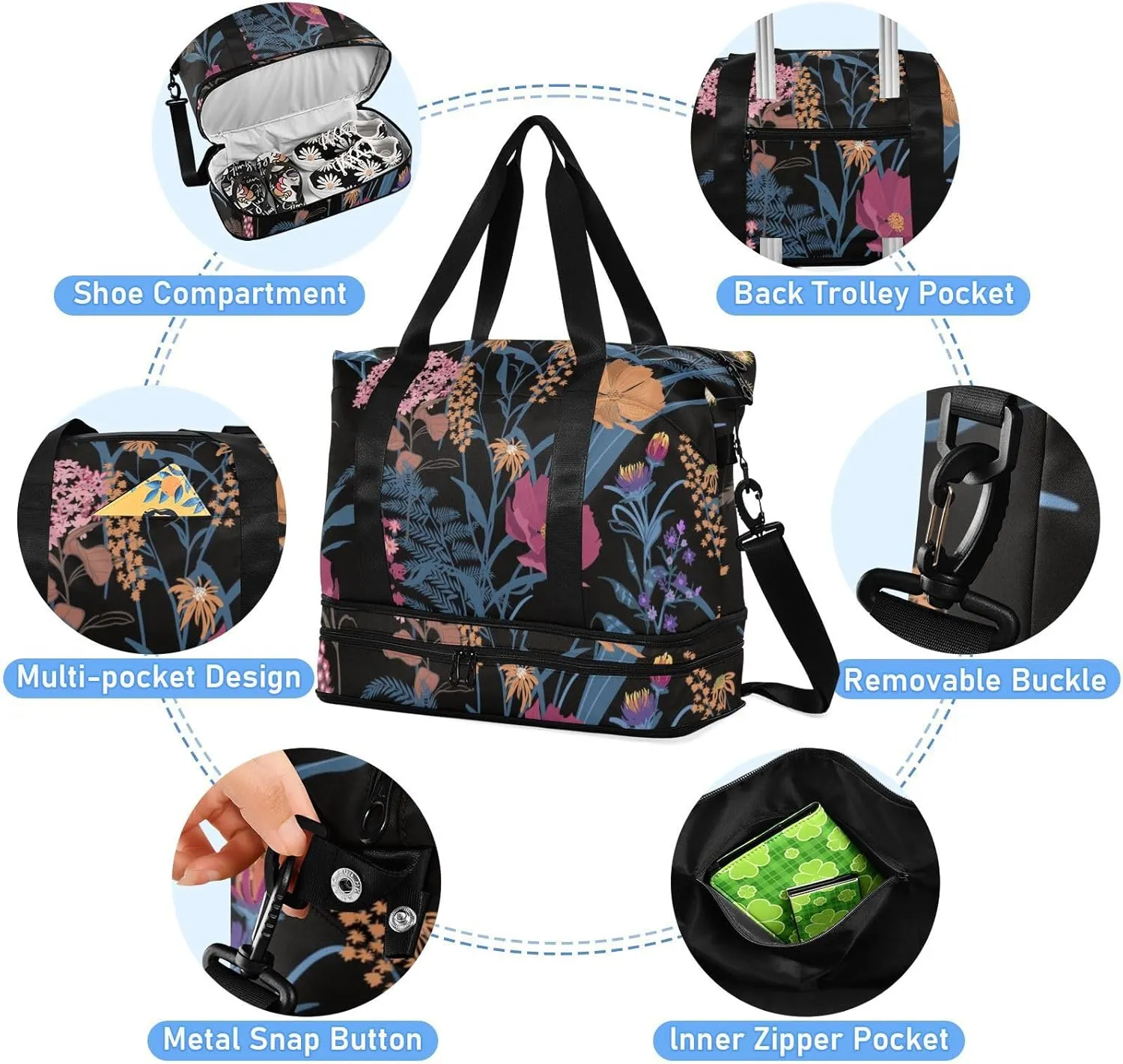 Gym Bag for Women, Personal Item Travel Duffel Bag with Shoes Compartment Weekender Overnight Bag with Wet Pocket Carry On Bag Multicolor 12