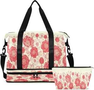 Gym Bag Sports Travel Duffel Bag Weekender Overnight Bag with Wet Pocket Shoes Compartment and Toiletry Bag Read Sketch Flower for Travel, Business,Gym, Yoga