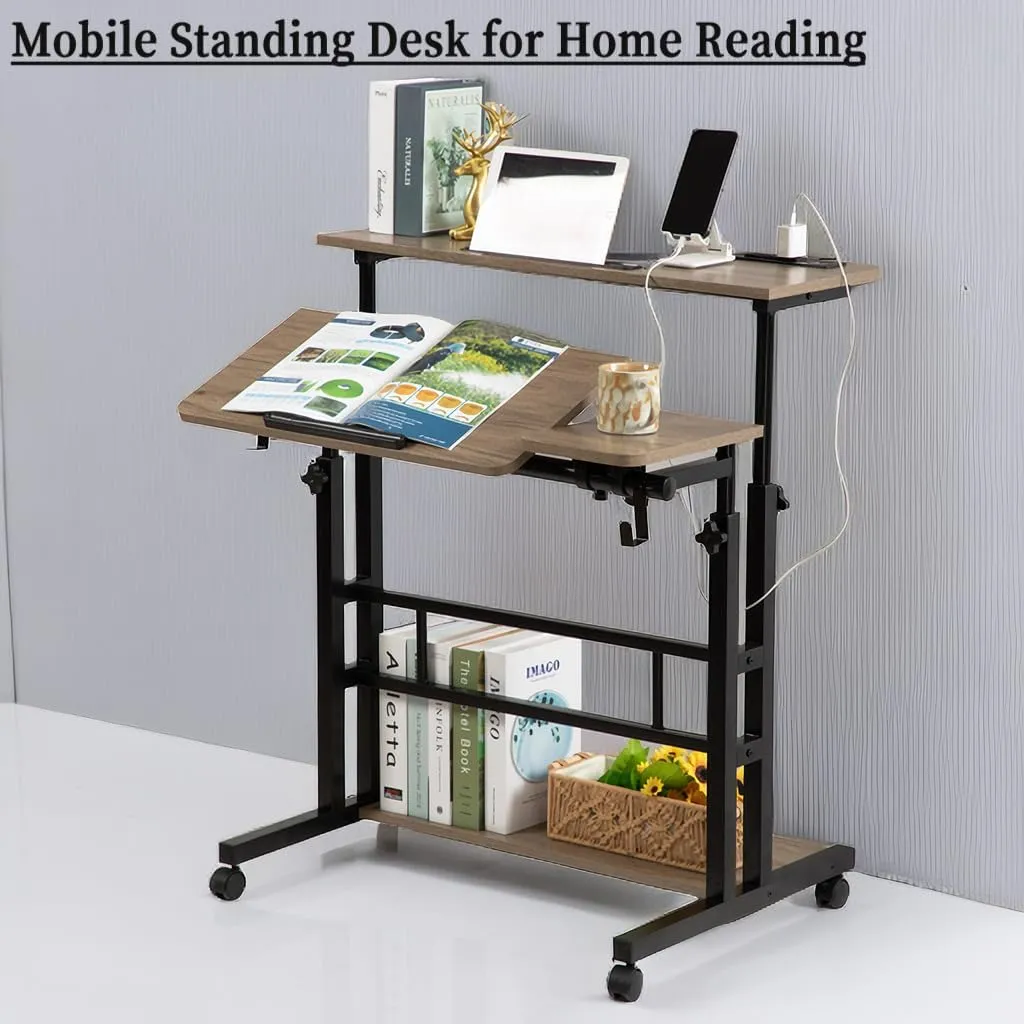 Hadulcet Stand Up Desk, Rolling Desk Adjustable Height, Mobile Standing with Wheels & Charging Station Grey or Rustic Brown