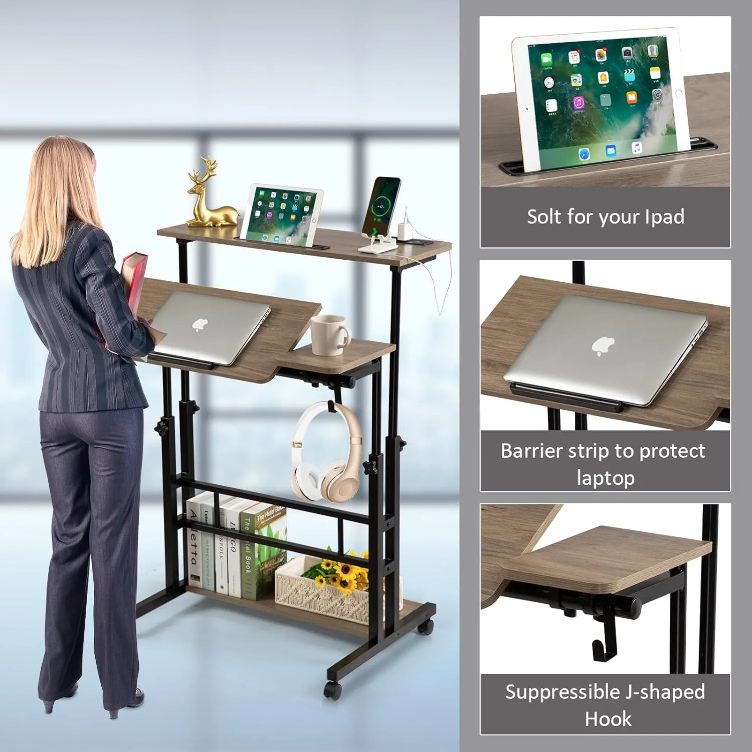 Hadulcet Stand Up Desk, Rolling Desk Adjustable Height, Mobile Standing with Wheels & Charging Station Grey or Rustic Brown