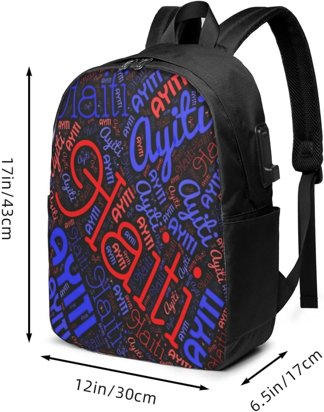 Haiti Haitian Flag Travel Backpack 17-Inch Laptop Backpacks Business Rucksack Casual Sport Daypack with USB Charging Port Carry-on Bag for Camping Biking