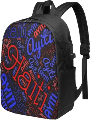 Haiti Haitian Flag Travel Backpack 17-Inch Laptop Backpacks Business Rucksack Casual Sport Daypack with USB Charging Port Carry-on Bag for Camping Biking