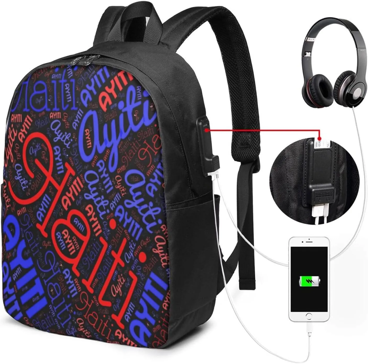Haiti Haitian Flag Travel Backpack 17-Inch Laptop Backpacks Business Rucksack Casual Sport Daypack with USB Charging Port Carry-on Bag for Camping Biking