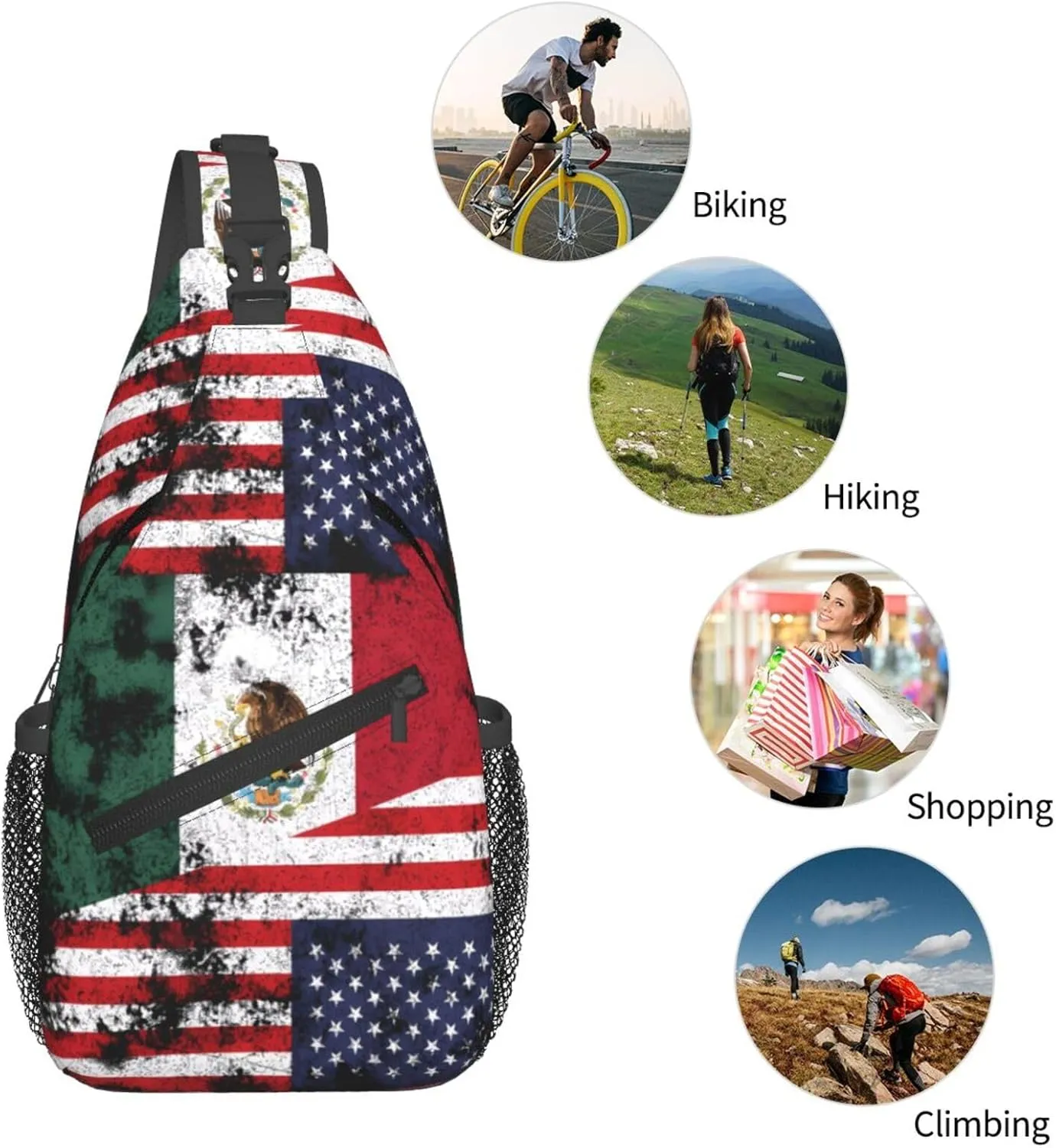 Half Mexico American Flag Chest Sling Bag Crossbody Shoulder Backpack Bag Gym Cycling Daypack Travel Hiking Cross Bag