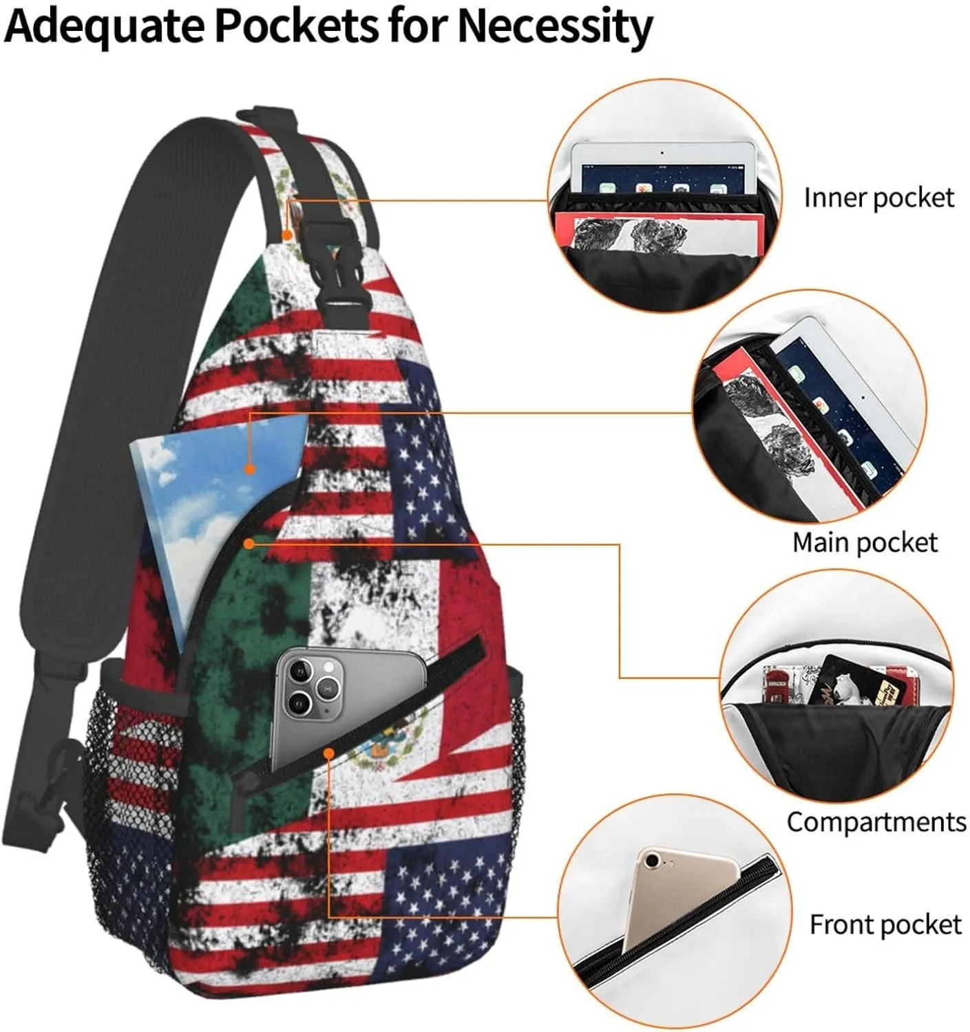 Half Mexico American Flag Chest Sling Bag Crossbody Shoulder Backpack Bag Gym Cycling Daypack Travel Hiking Cross Bag